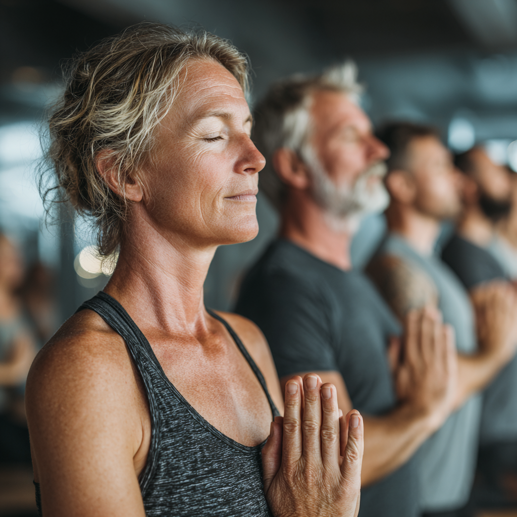 Група людей віком 50-60 років на пробному занятті йоги в світлій студії