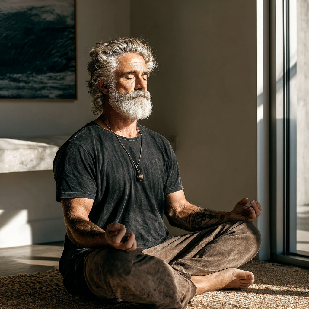 Чоловік 60 років у позі медитації в спокійному інтер'єрі студії, демонструє глибоке зосередження