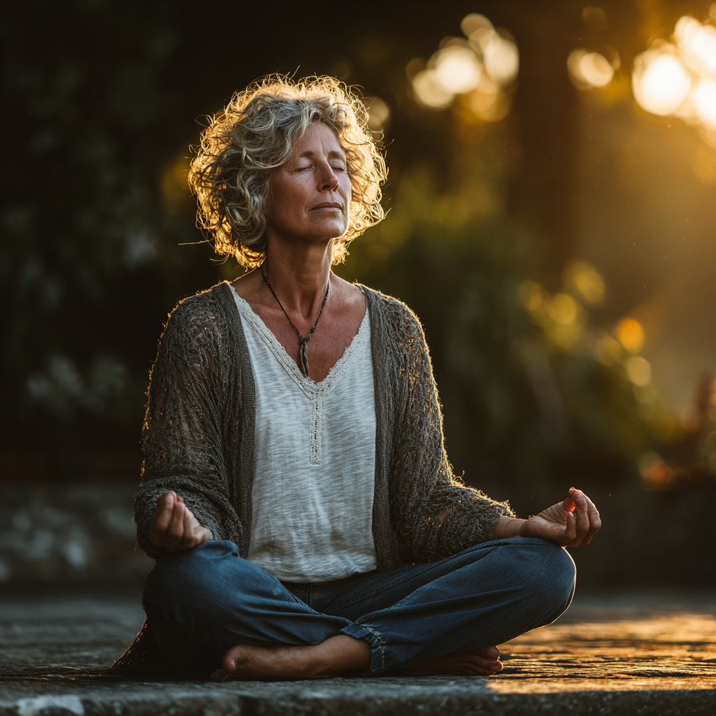 Жінка 55 років в позі лотоса на природі, демонструє спокій та гармонію йоги